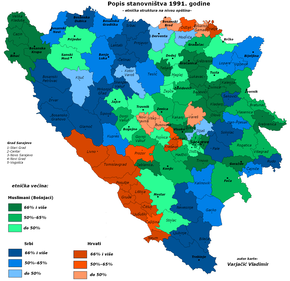 Kartet viser den etnisk fordelingen i Bosnia-Hercegovina i 1991. Blått representerer bosniaserberne, grønt bosnjaker og rødt bosniakroatene.
