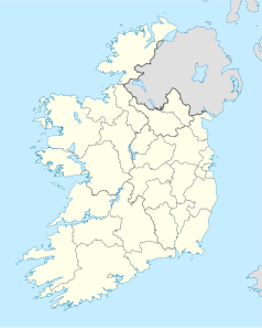 Mapa konturowa Irlandii, blisko centrum na lewo u góry znajduje się punkt z opisem „Katedra św. Muiredacha w Ballina”