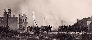 Traditionally described as "Polish cavalry in Sochaczew during the Battle of the Bzura in 1939" now proven to be a picture taken on the set of German propaganda movie Kampfgeschwader Lützow