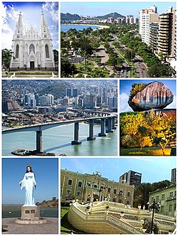 Montages of the city of Vitória, Top left:View of Namorados Park, Top right:Boi Island, Middle left:Terceira Bridge, Middle right:Anchieta Palace, Bottom left:Morro do Moreno resort area, Bottom right:Night view of Namorados Park