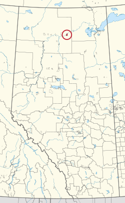 A map of the province of Alberta showing 80 counties and 145 small Indian reserves. One is highlighted with a red circle.