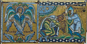 Medieval style portrait of Cherub and Heraclius receiving the submission of Khosrau II; plaque from a cross (Champlevé enamel over gilt copper