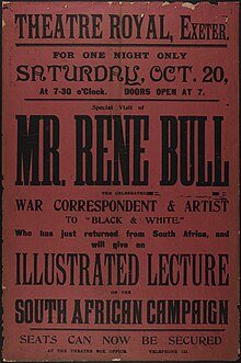 A red poster with text in black type, giving details about René Bull's illustrated lecture on the South African Campaign, being given at the Theatre Royal in Exeter on 20 October 1900.