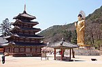 Dağ ortamında büyük bir altın heykelin bulunduğu Budist tapınağı