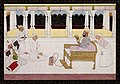 Raja Balwant Singh of Jasrota examining a painting with Nainsukh by Nainsukh. Jasrota, 1745-1750