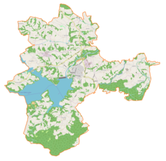 Mapa konturowa gminy Dobczyce, w centrum znajduje się punkt z opisem „Dobczyce”