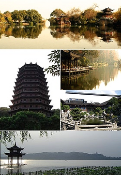 Tap:View o Three Puils Mirrorin the Muin-puil, Middle left:Sax Harmonies Pagoda, Middle upper richt:Su Causeway, Middle lawer richt:Hu Xueyan Residence Gairden, Bottom:Huxin Pavilion on Wast Loch