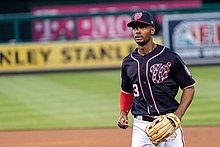 Michael Taylor, Washington Nationals leaves the field at the end of an inning (41450076381).jpg