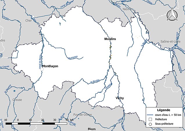 Carte des cours d'eau de longueur supérieure à 50 km de l'Allier.