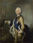 Adolf Fredrik avporträtterad 1743 iklädd Livdrabantkårens uniform och bärande harnesk, furstlig mantel i blått samt Serafimerordens band. Porträtt av Antoine Pesne.