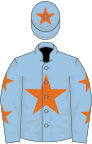 Light blue, orange star, light blue sleeves, orange stars, light blue cap, orange star