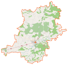 Mapa konturowa powiatu wyszkowskiego, blisko dolnej krawiędzi nieco na lewo znajduje się punkt z opisem „Głuchy”