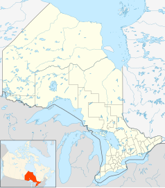 Mapa konturowa Ontario, blisko prawej krawiędzi na dole znajduje się punkt z opisem „South Stormont”