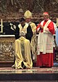 Sua beatitude o patriarca Raï impõe as mãos na cabeça de dom Maurizio Malvestiti na ordenação episcopal dele, em 11 de outubro de 2014. Atrás, os cardeais Sandri e Müller.