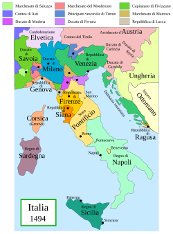 Italia vuonna 1494; Sienan tasavalta merkitty tummanoranssilla.
