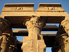 Preserved papyrus shaped column and ceiling at Kom Ombo temple