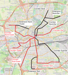 Corridors de Transport en commun en site propre ou TCSP selon l'étude de 1986, les corridors en rouge sont ceux privilégiés.