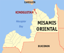 Mapa ng Misamis Oriental na nagpapakita sa lokasyon ng Kinoguitan.