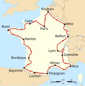 Map of France with the route of the 1910 Tour de France on it, showing that the race started in Paris, went clockwise through France and ended in Paris after fourteen stages.
