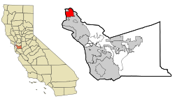 Left: Alameda County (highlighted) within کیلی فورنیا. Right: the City of Berkeley (highlighted) within Alameda County.