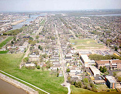 Aerial view of part of the Lower 9th, c. 1990s. Holy Cross School at lower right.