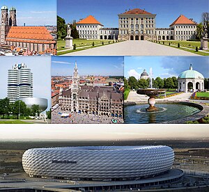 From left to right: The Munich Frauenkirche, the Nymphenburg Palace, the BMW Headquarters, the New Town Hall, the Munich Hofgarten and the Allianz Arena.