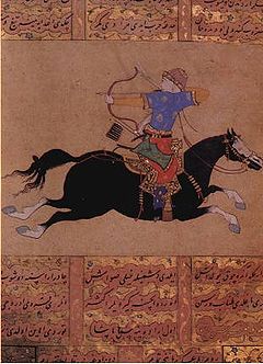 パルティアンショットを行うオスマン帝国の弓騎兵。中世の年代記として編まれた装飾写本に描かれているミニアチュール。