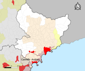 Localisation de l'aire d'attraction de Cannes - Antibes dans le département des Alpes-Maritimes.