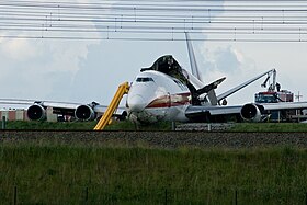 L'épave du 747 de Kalitta Air impliqué, à l'aéroport de Bruxelles-National peu après l'accident.