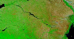 Kuma-Manych Depression and Manych River from low Earth orbit. Upper left is the eastern tip of the Sea of Azov and lower right is the Caspian Sea. In the middle of the image is the Lake Manych-Gudilo. Upper right is the Volga and lower left is the Kuban River.