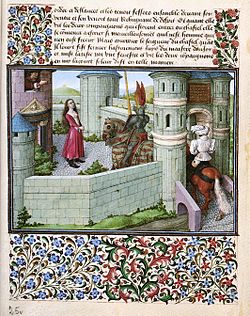 Livre du cœur d'Amour épris : Cœur & Désir au château de Tristesse. Miniature attribuée à Barthélemy d'Eyck, vers 1458-1460. Bibliothèque nationale autrichienne, Vienne, Vindo.2597 f25v.