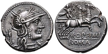 131 BC, M. Opimius (Roma, tripod behind/Apollo in biga).