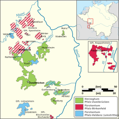 Hertigdömet Pfalz-Zweibrückens utbredning (markerat med grönt) kring år 1700.