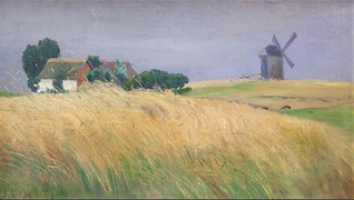 Pommersche Sommerlandschaft mit Windmühle und zwei Häusern (1897)