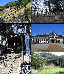 Cloclwise from top left:Yoshimi Hundred Caves Ruin, Yoshimi Matsuyama Castle, Yoshimi rest house, Kuroiwa Cave Grave site, Yoshimi Anraku temple