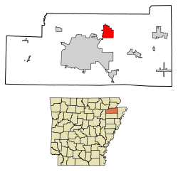 Location of Brookland in Craighead County, Arkansas.