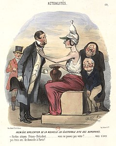 Première application de la nouvelle loi électorale dite des Burgraves. Sous les rires de Thiers et de Louis Veuillot, le président Bonaparte se voit lui-même mis dans l'impossibilité de voter puisqu'il n'a pas résidé continuellement à Paris depuis trois ans[96]. Caricature de Charles Vernier, Le Charivari, 23 mai 1850.