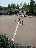 The white borderline of the Arctic Circle at the Santa Claus Village in Rovaniemi, Finland