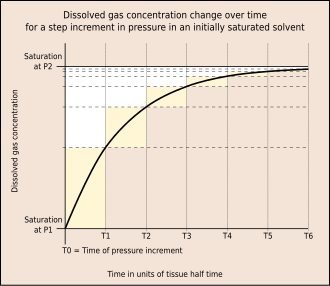 Graph showing dissolved gas concentration change over time for a step pressure increment in an initially saturated solvent