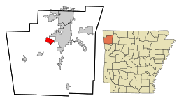 Farmingtons läge i Washington County och countyts läge i Arkansas.