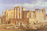 Watercolour painting of a Greek temple.