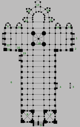 Leyenda: 1. Puerta Condes - 2. Enfeu de los Condes - 3. Antigua portada de la abadía - 4. Puerta Miégeville - 5. Portada occidental - 6. Emplazamiento del antiguo claustro - 7. Capilla de San Pedro - 8. Sacristía - 9. Capilla del Crucifijo - 10. Capilla de las almas del purgatorio - 11. Cap. de la Inmaculada Concepción - 12. Cap. de San Jorge - 13. Cap. del Santo Espíritu - 14. Cap. de San Marcial, San Cyr y Santa Julieta - 15. Cap. de Santa Silvia - 16. Cap. de la Virgen - 17. Cap. de San Germán - 18. Altar mayor - 19. Pintura románica: Noli me tangere - 20. Ciclo de Resurrección - 21. Pintura representando a San Agustín - 22. Restos de pinturas: la Crucifixión