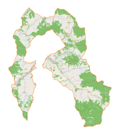 Mapa konturowa gminy wiejskiej Mszana Dolna, po lewej znajduje się punkt z opisem „Rydzonie”