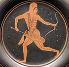 Scythian archer, running while looking backwards and pulling an arrow from his quiver, cup, circa 520–500 BC. British Museum