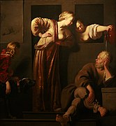 Jantipa vacía el "bacín" en la cabeza de Sócrates, óleo de Reyer Jacobsz van Blommendael, hacia 1655. Museo de Bellas Artes de Estrasburgo.