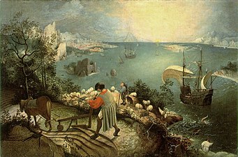 La Chute d'Icare (vers 1555-1558), Musées royaux des beaux-arts de Belgique, désormais considérée comme une copie ancienne de Bruegel.