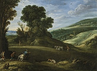 Landschaft mit Bauern und Jäger, 1620 (signiert & datiert), Öl auf Leinwand, 66,1 × 88,5 cm, Privatsammlung (?)