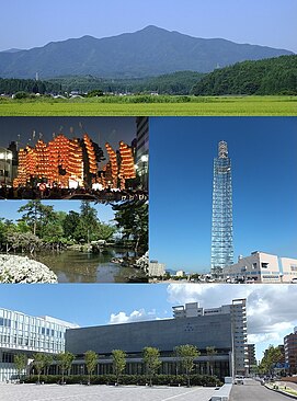 Dari atas ke bawah, kiri ke kanan: Gunung Taihei, Festival Akita Kantō, Taman Senshū, Akita Port Tower Selion, dan Museum Seni Akita