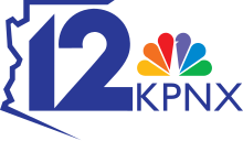 The logo of parent station KPNX. At left, a sans serif 12 partially encased in an outline of the state of Arizona. At right, the NBC peacock and the letters KPNX in a sans serif.