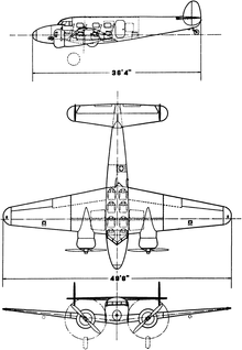 3-view line drawing of the Lockheed 12A Electra Junior